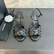 CC Little Camellia World Thin High Sandals Black Lambskin