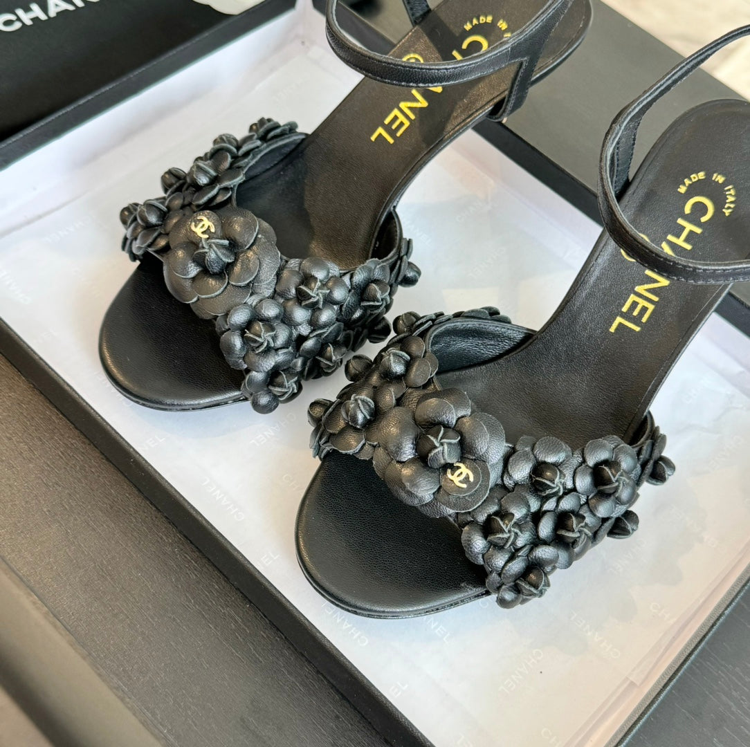 CC Little Camellia World Thin High Sandals Black Lambskin