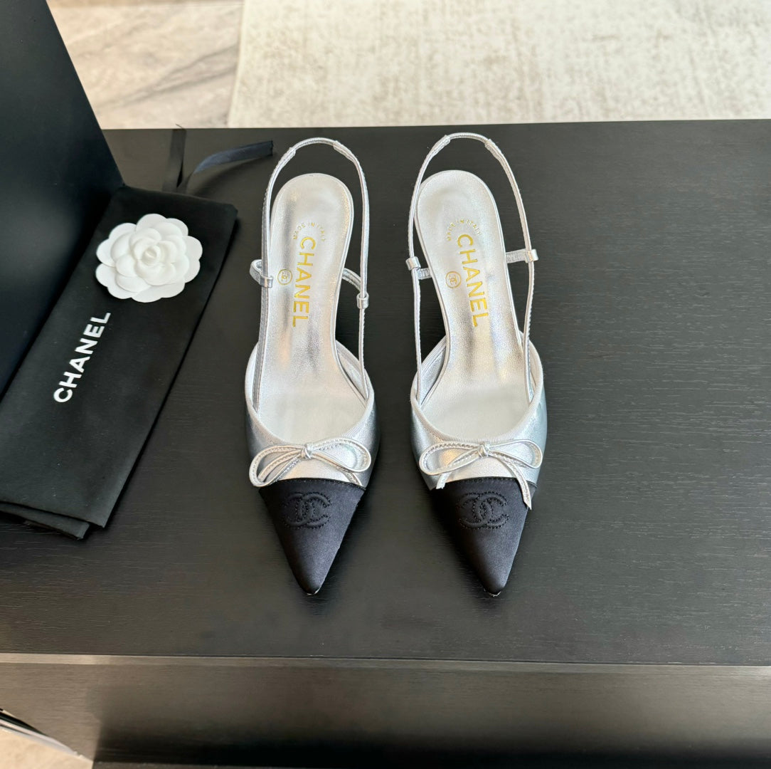 SLINGBACK WITH BOW IN SILVER MIX BLACK LAMBSKIN