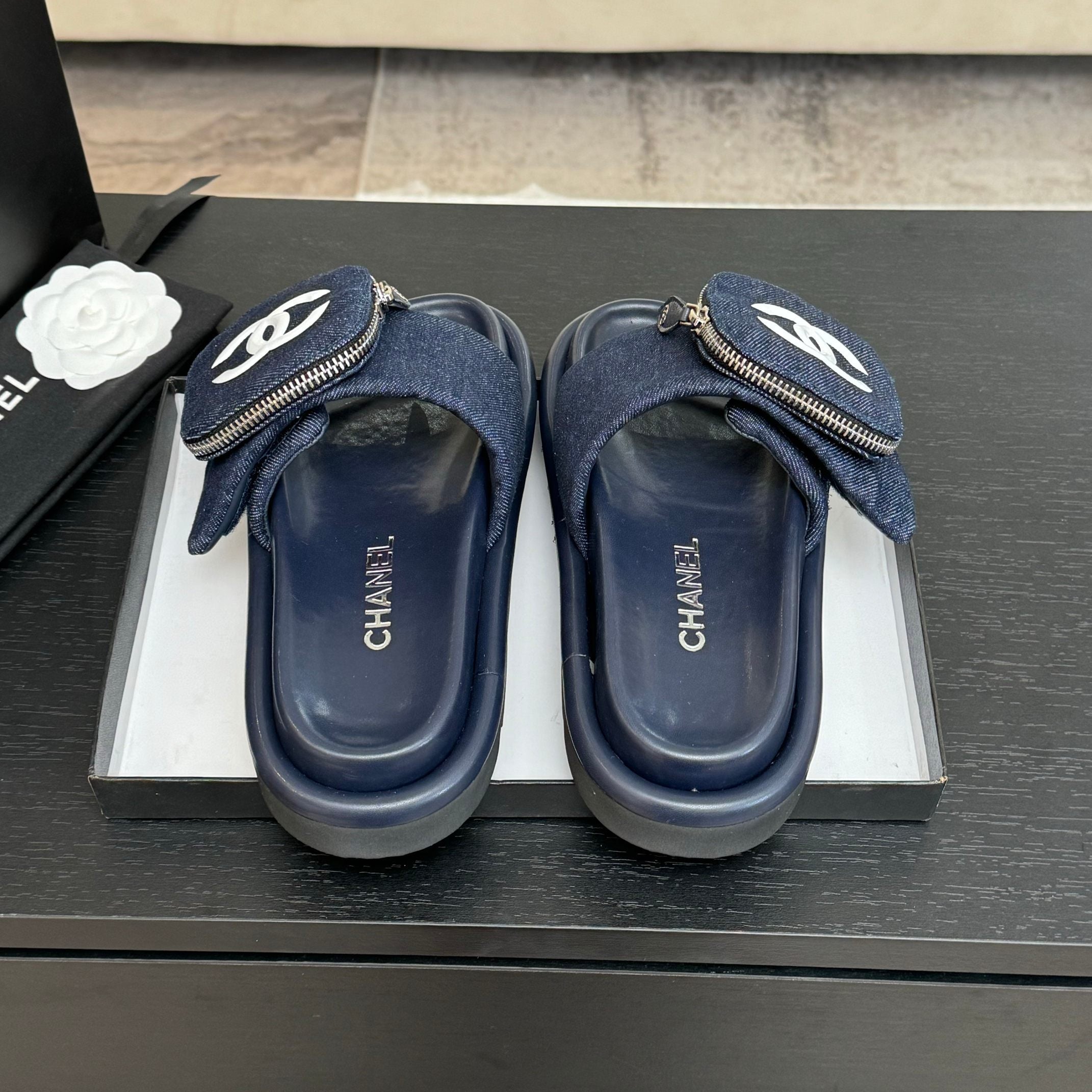 SLIDE IN NAVY BLUE DENIM FABRIC 45 MM