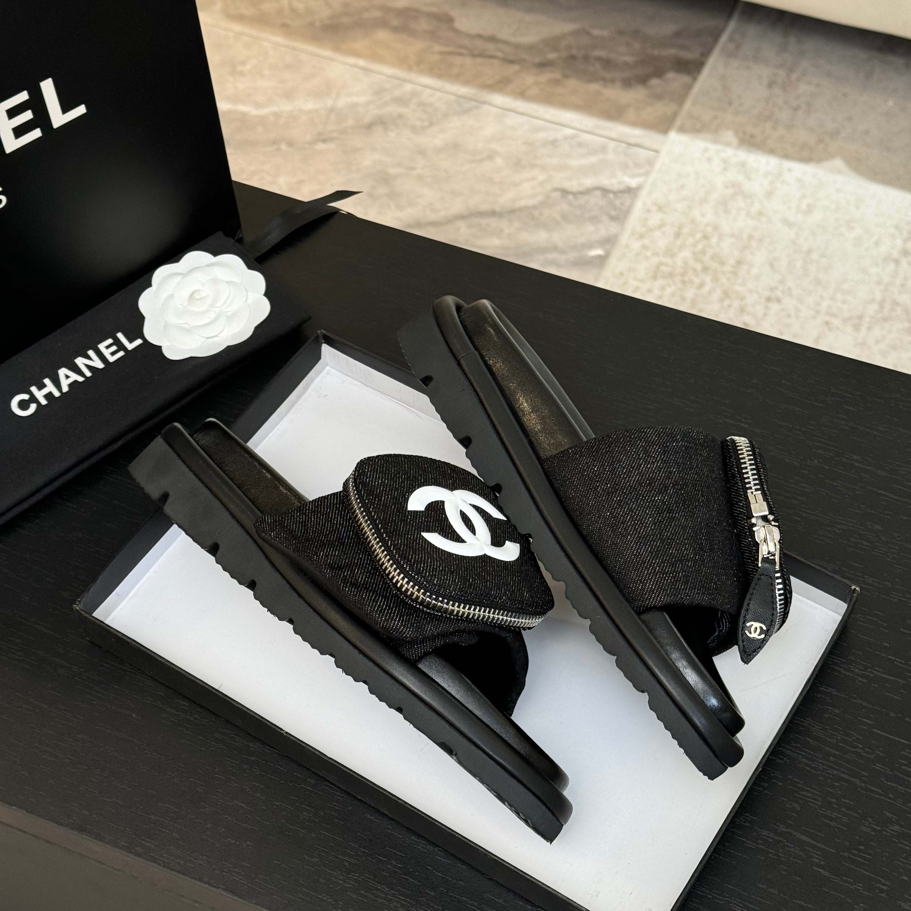 SLIDE IN BLACK DENIM FABRIC 45 MM