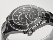 J12 Date Automatic Black Ceramic Diamond Numerals Black Dial Black Steel Hands
