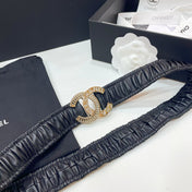 DOUBLE C ELASTIC BELT 30MM IN BLACK CALFSKIN GOLD CRYSTAL EMBELLISHED BUCKLE