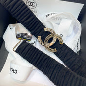 DOUBLE CC 30MM STRETCH BELT IN BLACK SUEDUE WITH GOLD CHAIN BUCKLE CRYSTAL DETAIL