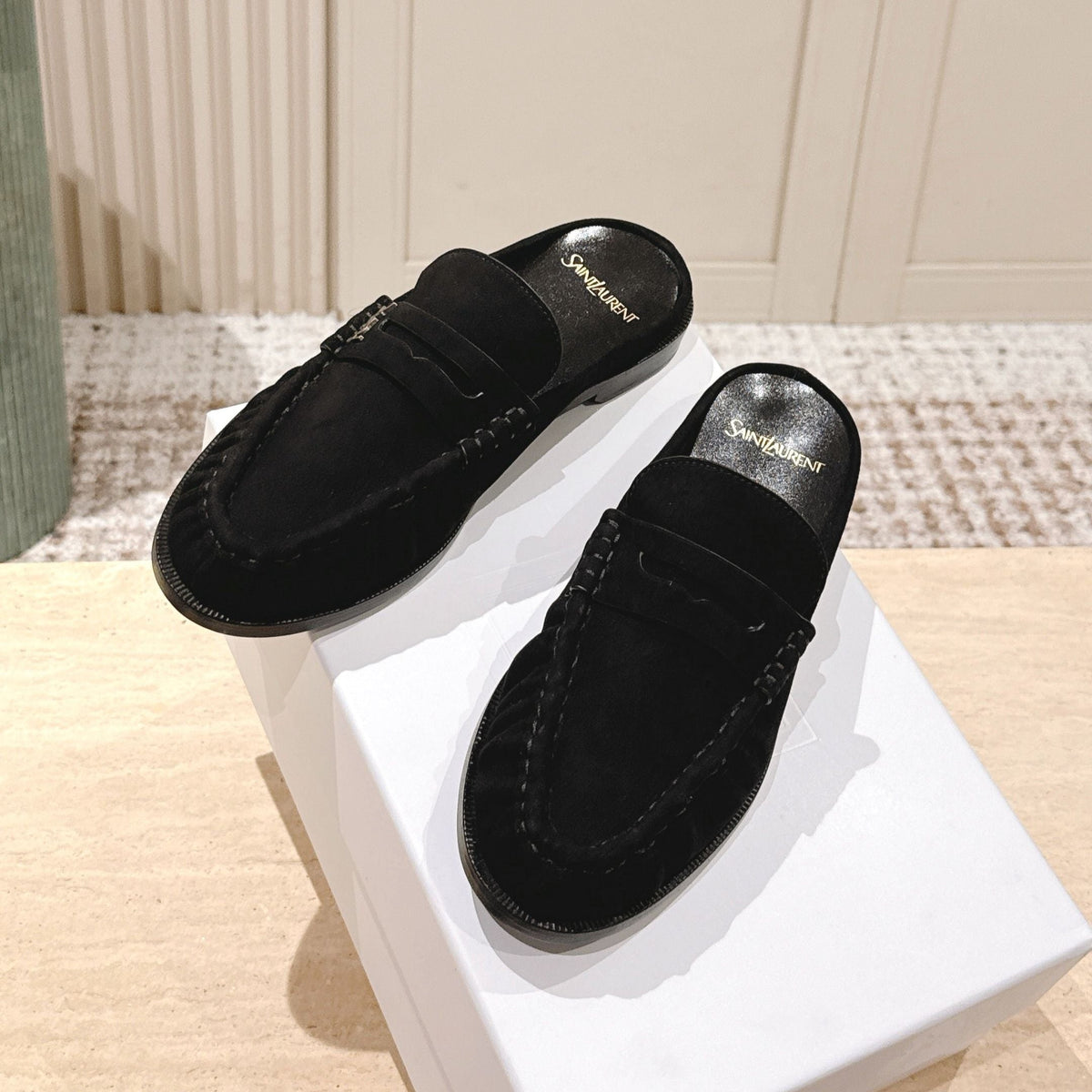YSL 25S LOAFER MULE IN BLACK SUEDE