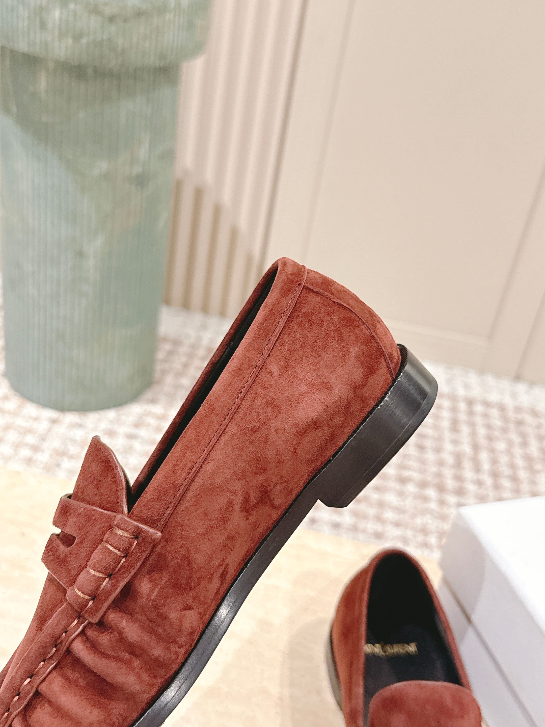 YSL 25S SAINT LAURENT LOAFERS IN DARK BRICK RED SUEDE WITH SMALL LOGO
