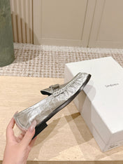 YSL 25S SAINT LAURENT LOAFERS IN SILVER CALFSKIN WITH SMALL LOGO