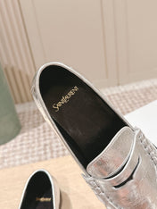 YSL 25S SAINT LAURENT LOAFERS IN SILVER CALFSKIN WITH SMALL LOGO