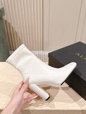 ALAIA 26S HEELED BOOTS 90 MM IN WHITE CALFSKIN