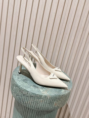 PRADA 26S POINTED-TOE SLINGBACK HEELS 75MM IN LIGHT BEIGE PATENT CALFSKIN