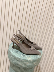 PRADA 26S POINTED-TOE SLINGBACK HEELS 75MM IN TAUPE GRAY SUEDE WITH LOGO