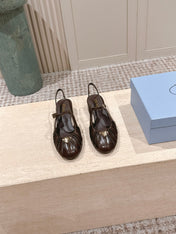 PRADA 26S SLINGBACK SANDALS 40MM IN DARK BROWN CALFSKIN WITH LOGO