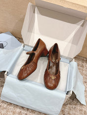 PRADA 26S MARY JANE 40MM IN CARAMEL BROWN CALFSKIN WITH LOGO