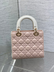 MEDIUM LADY BAG 20 IN BABY PINK QUILTED MACROCANNAGE CALFSKIN WHITE STRAP