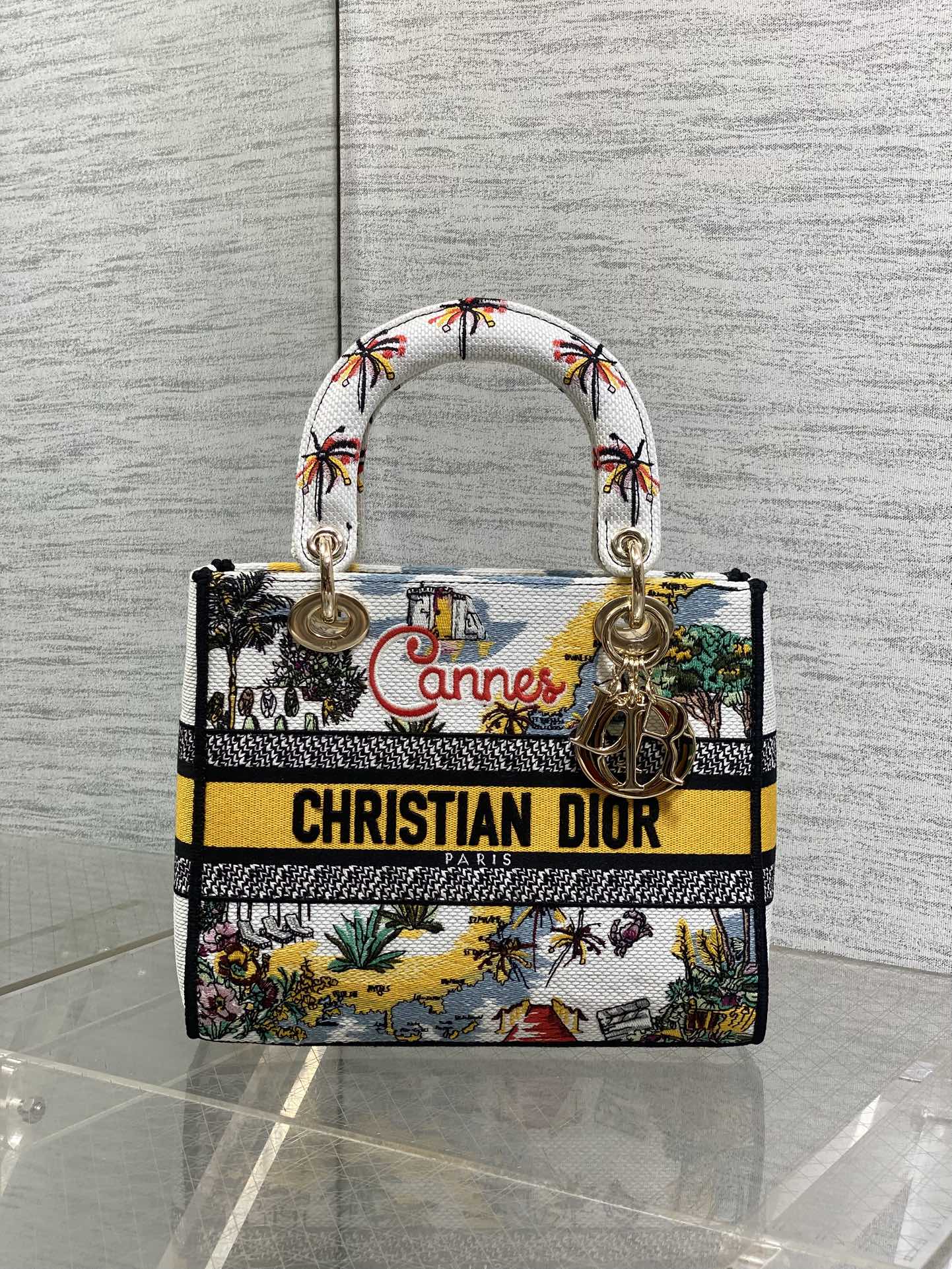DIOR 25S SMALL LADY D-LITE BAG 24 IN YELLOW CANVAS DIOR CANNES