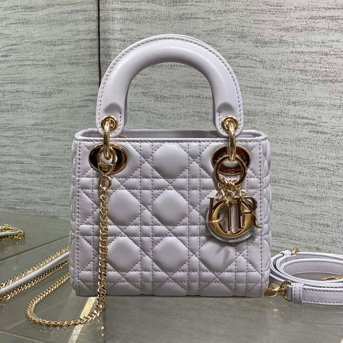 DIOR 25S MINI LADY DIOR BAG 17 IN LILAC CANNAGE CALFSKIN GOLD HARDWARE