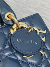 DIOR 25S SMALL LADY D‑JOY BAG 19 IN DARK BLUE CANNAGE CALFSKIN GOLD HARDWRE