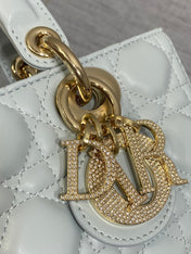 DIOR 25S SMALL LADY D‑JOY BAG 22 IN SHIRT BLUE CALFSKIN GOLD HARDWRE