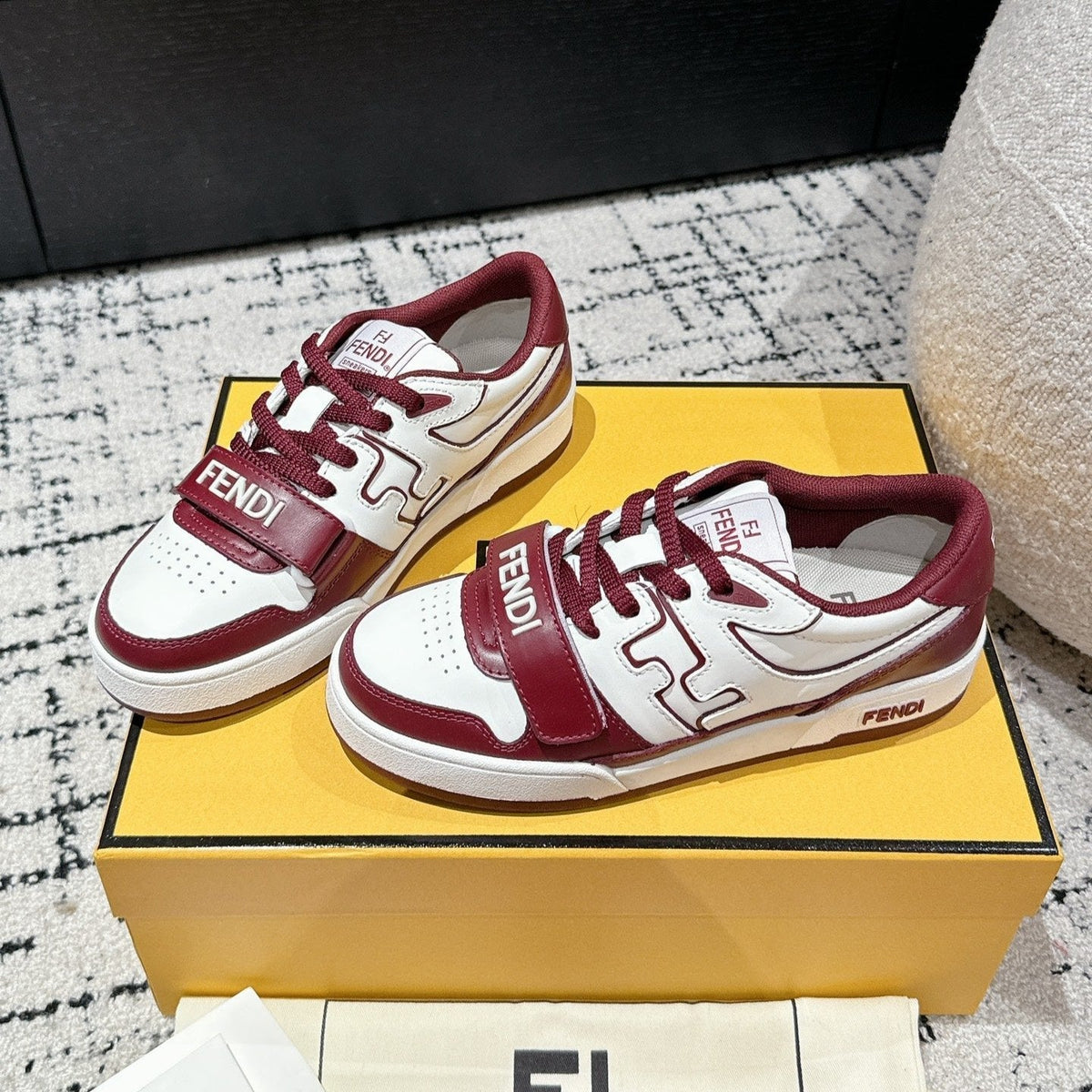 FENDI MATCH LOW-TOPS IN BURGUNDY RED MIX WHITE CALFSKIN