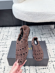 ALAIA 26S FLAT SLIP-ONS IN DARK BROWN SUEDE WITH OPENWORK PATTERN