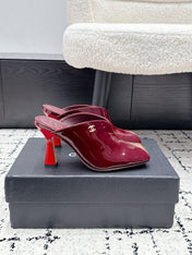 CHANEL 26S SQUARE-TOE HEELED MULES 95 MM IN MERLOT RED PATENT LAMBSKIN