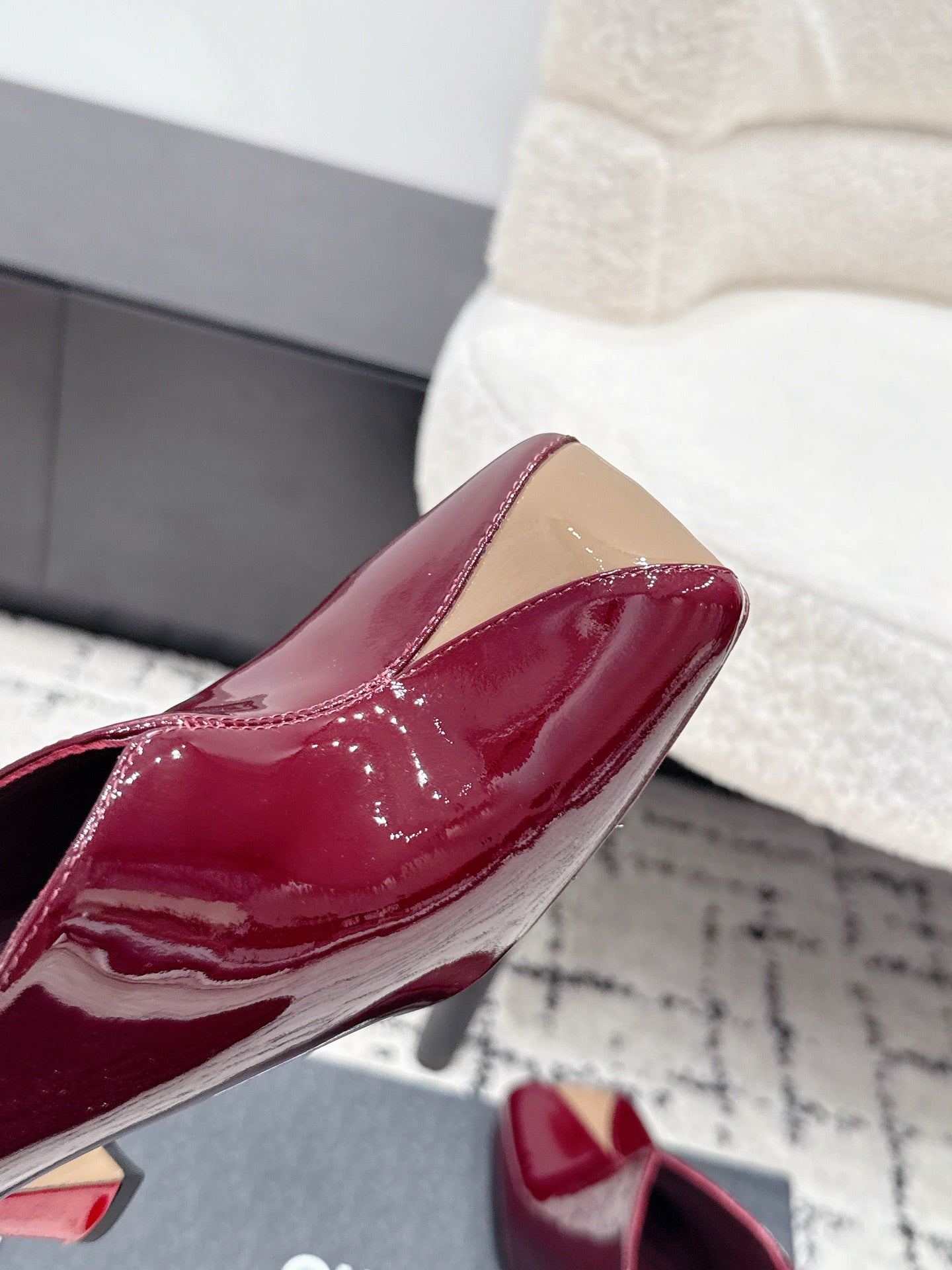 CHANEL 26S SQUARE-TOE HEELED MULES 95 MM IN MERLOT RED PATENT LAMBSKIN