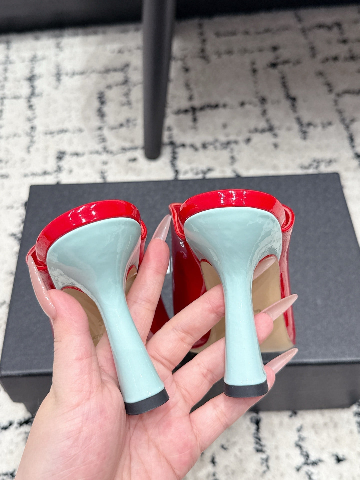 CHANEL 26S SQUARE-TOE HEELED MULES 95 MM IN CREAM MIX RED PATENT LAMBSKIN