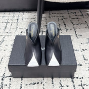 CHANEL 26S SQUARE-TOE HEELED MULES 95 MM IN BLACK MIX WHITE LAMBSKIN
