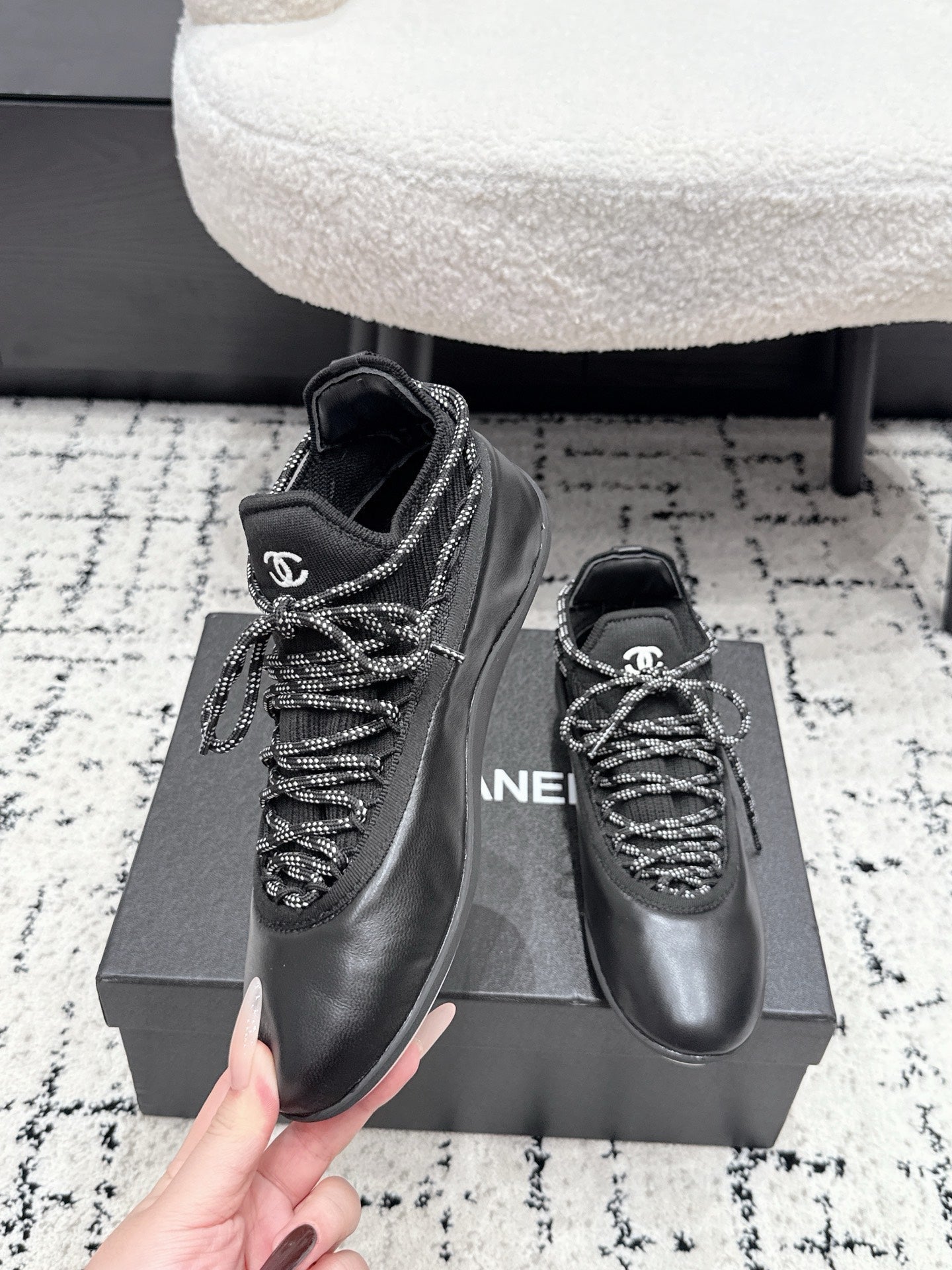 CHANEL 26S LACE-UP SNEAKERS IN BLACK FABRIC AND LAMBSKIN