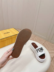 FENDI SIGNATURE WEDGE PLATFORM 6 CM IN WHITE FIBRE WITH BROWN EMBROIDERED LOGO