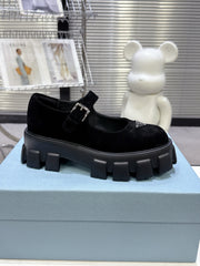 PRADA 25S PLATFORM MARY JANE SHOES IN BLACK SUEDE