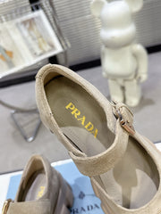PRADA 25S PLATFORM MARY JANE SHOES IN BEIGE SUEDE