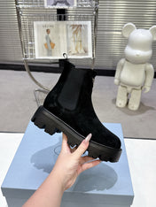 PRADA 25S RETRO PLATFORM MARTIN ANKLE BOOTS IN BLACK SUEDE