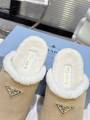 PRADA 25S FUR-LINED MULES IN BEIGE SUEDE