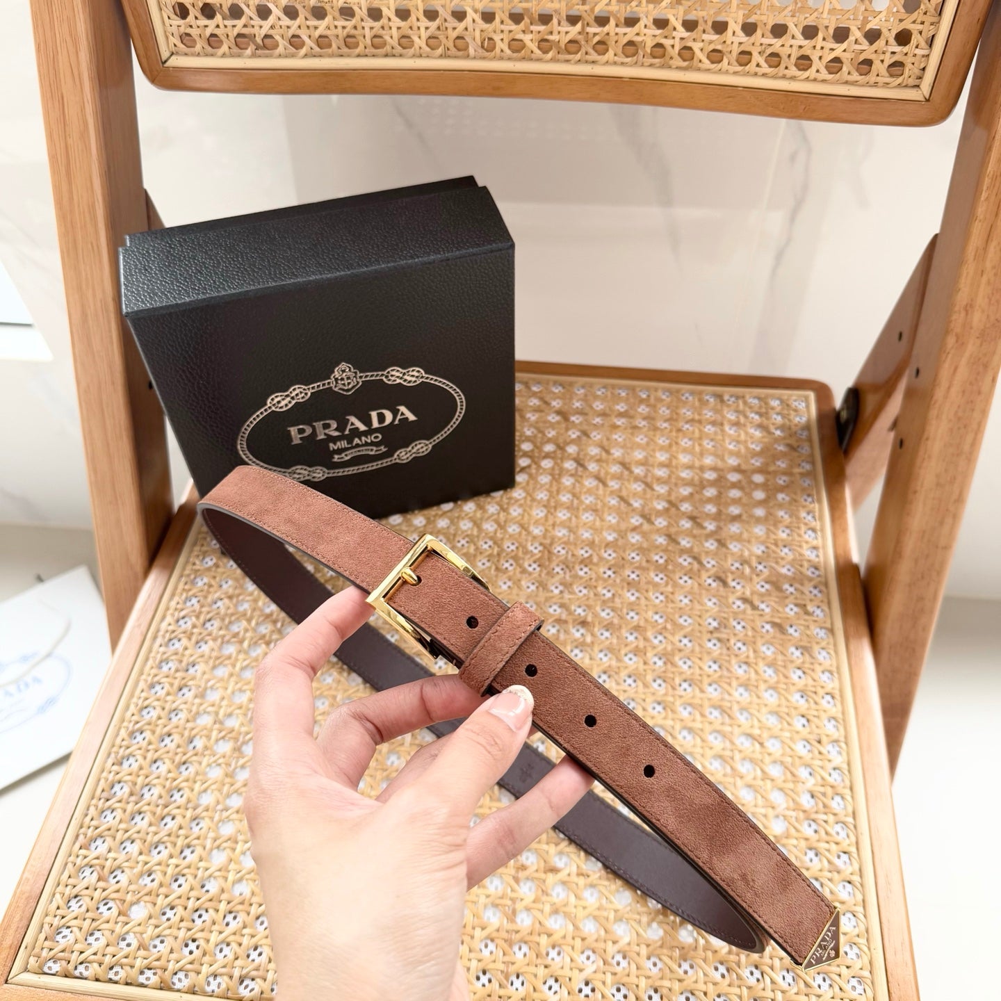 PRADA 25S BELT 25 MM IN BROWN SUEDE 542643