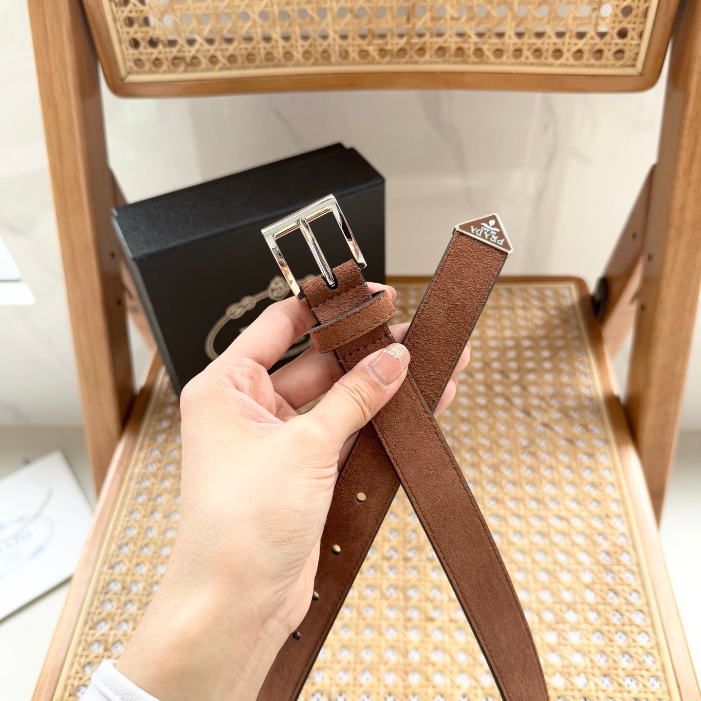 PRADA 25S BELT 25 MM IN BROWN SUEDE 542642