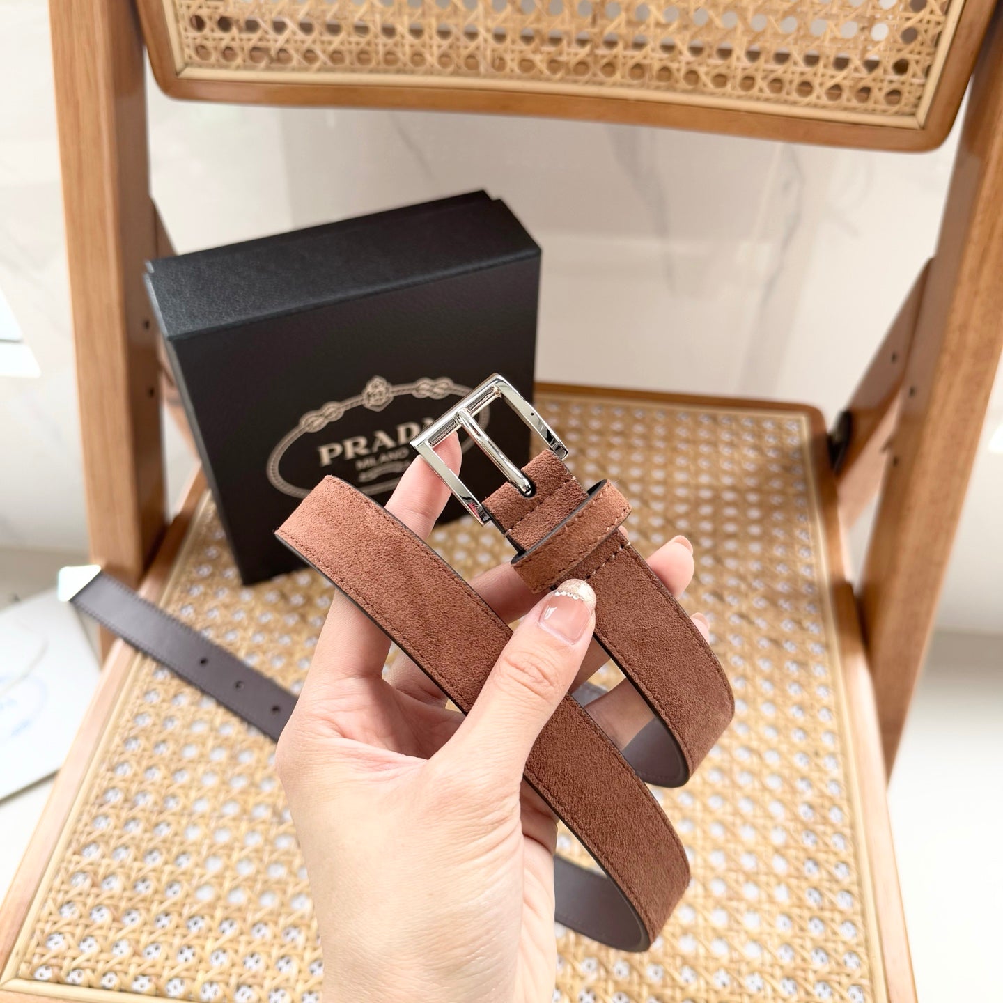 PRADA 25S BELT 25 MM IN BROWN SUEDE 542642