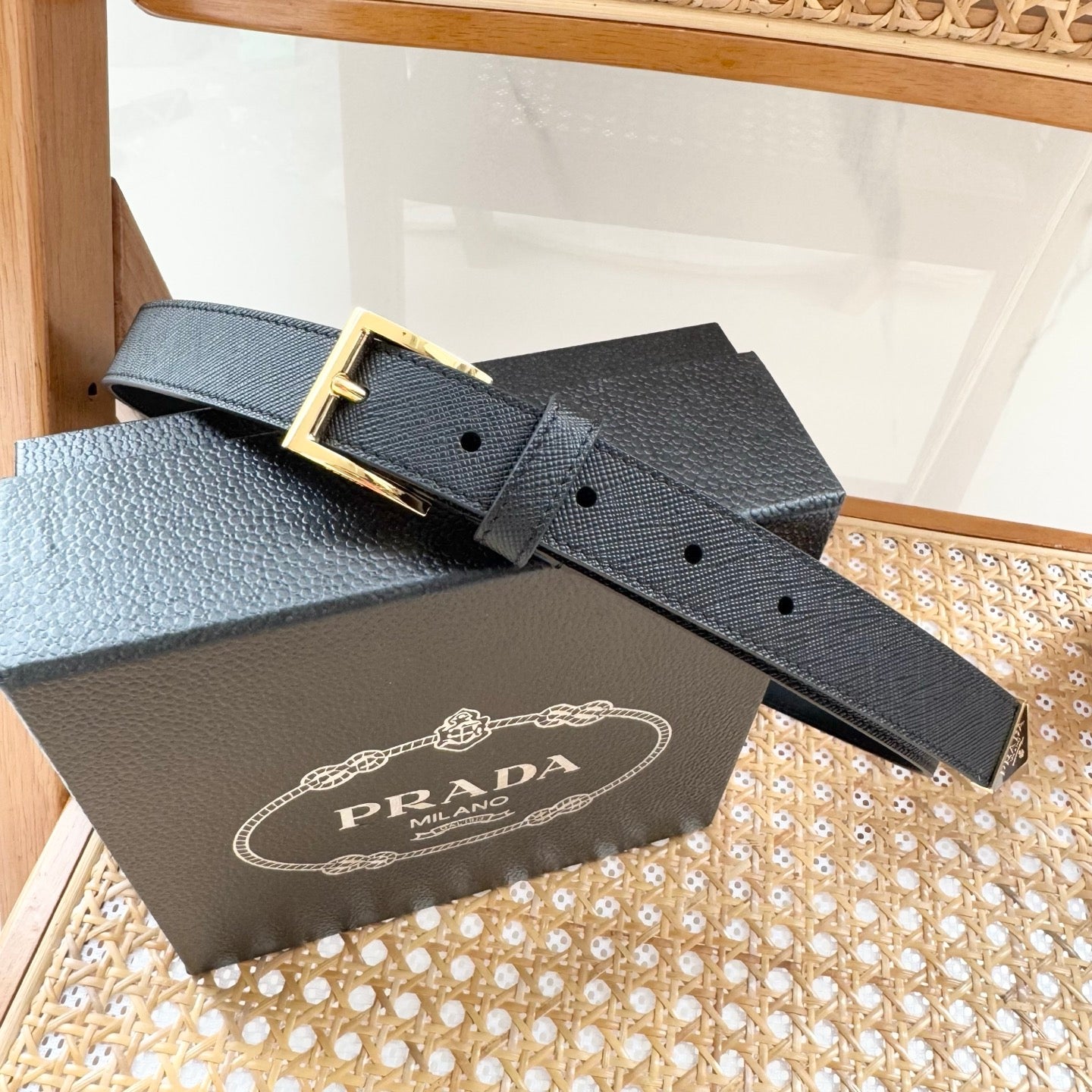 PRADA 25S BELT 25 MM IN BLACK CALFSKIN 542645