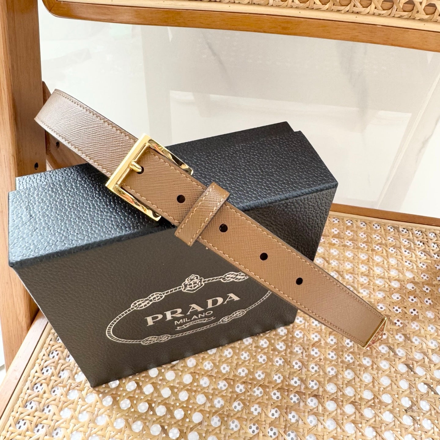PRADA 25S BELT 25 MM IN LIGHT BROWN CALFSKIN 542646