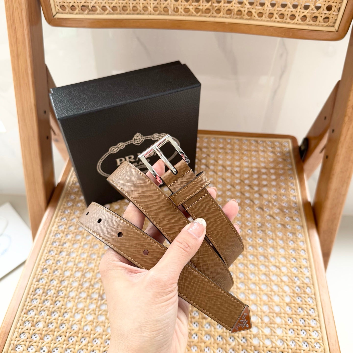 PRADA 25S BELT 25 MM IN LIGHT BROWN CALFSKIN 542647