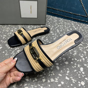 RAFFIA AND LEATHER WHITNEY SLIDE BLACK MIX BEIGE