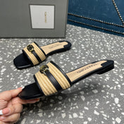 RAFFIA AND LEATHER WHITNEY SLIDE BLACK MIX BEIGE