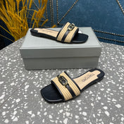 RAFFIA AND LEATHER WHITNEY SLIDE BLACK MIX BEIGE