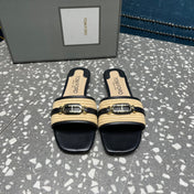 RAFFIA AND LEATHER WHITNEY SLIDE BLACK MIX BEIGE