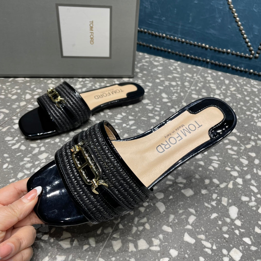 RAFFIA AND LEATHER WHITNEY SLIDE BLACK