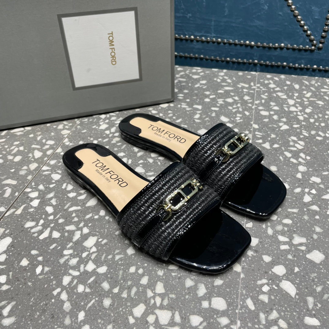 RAFFIA AND LEATHER WHITNEY SLIDE BLACK