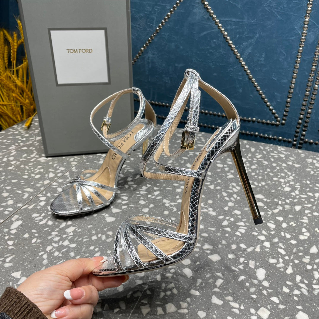 IDA SANDAL 10 CM IN SILVER SNAKE PATTERNED CALFSKIN