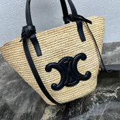 CELINE 25S TEEN BAG 22 IN NATURAL MIX BLACK RAFFIA CALFSKIN SHOULDER STRAP
