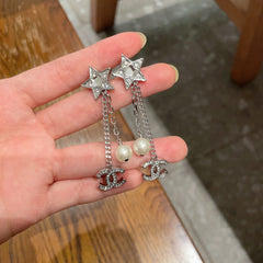 DOUBLE C STUD EARRINGS WITH STAR STONE DOUBLE CHAINS ONE WITH LOGO AND ONE WITH PEARL