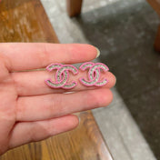 DOUBLE C STUD EARRINGS WITH PINK TRIM AND CENTER STONE